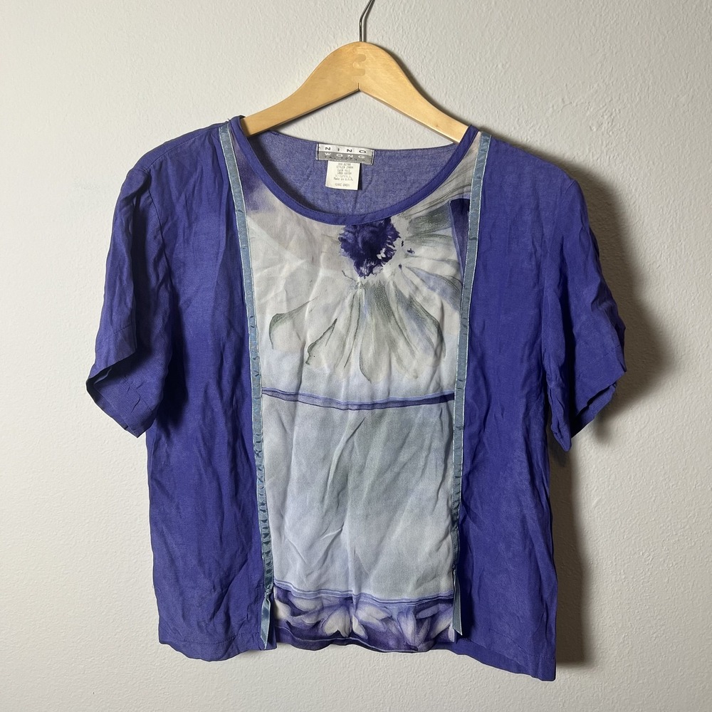 Nino Wong Shirt Womens XS Floral Sheer Panel‎ Boho Top Made In USA Rayon Blouse